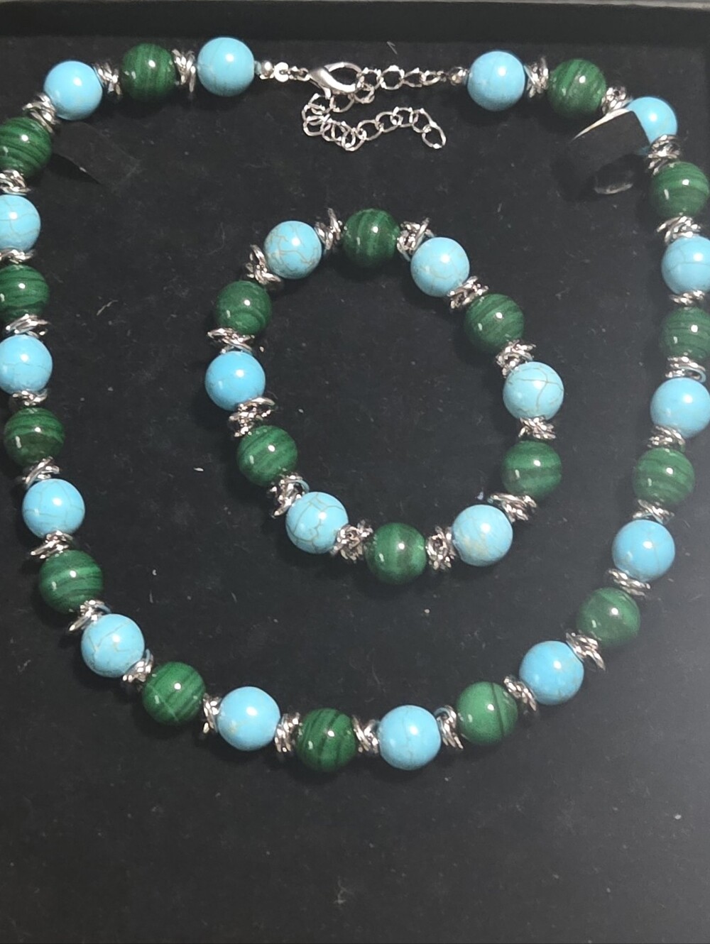 Vintage 1980s Genuine Malachite & Turquoise Beaded Necklace 20" & Bracelet 8" Se